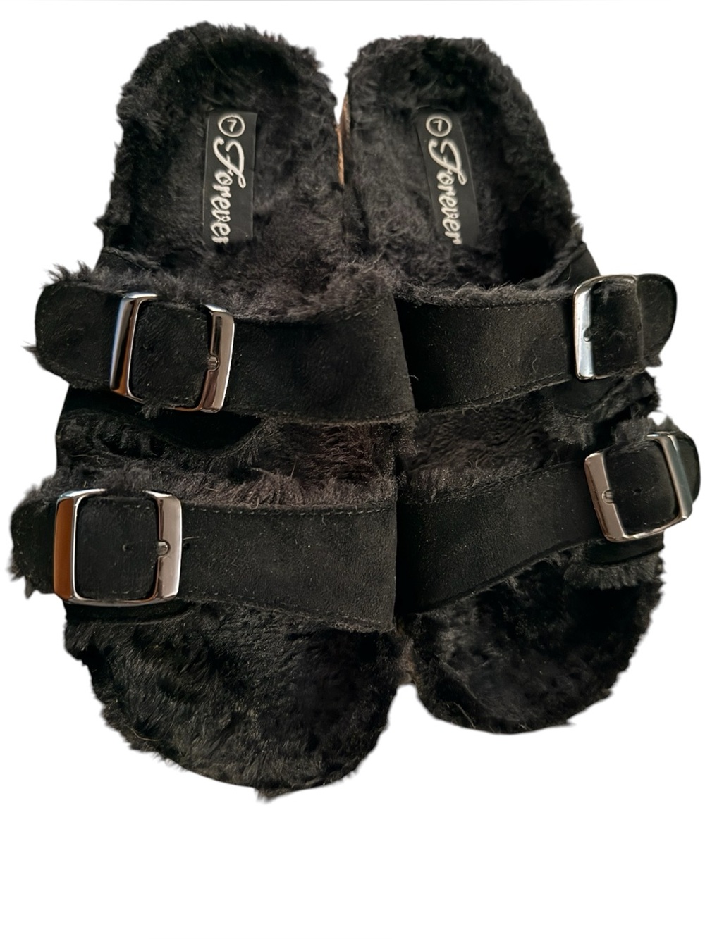 Faux Fur Buckle Slide Sandals - Black Sz. 7